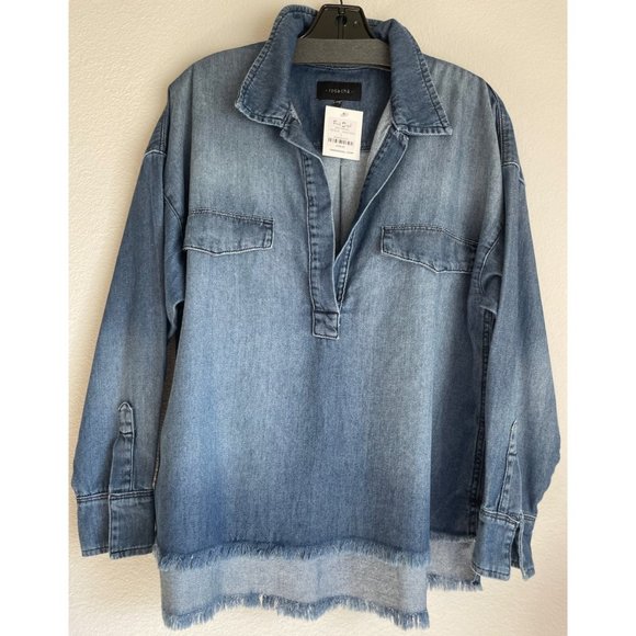 ROSACHA" MEDIUM WASHED DENIM POPOVER W/ FRAYED HEM - Picture 6 of 7